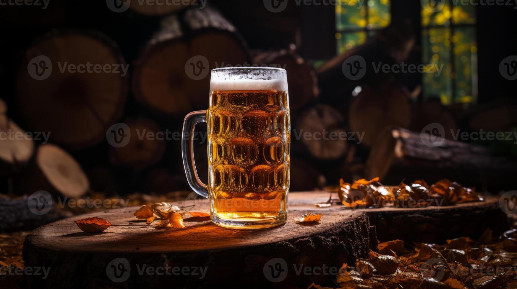 Mug of beer on a wooden log in the autumn forest. photo