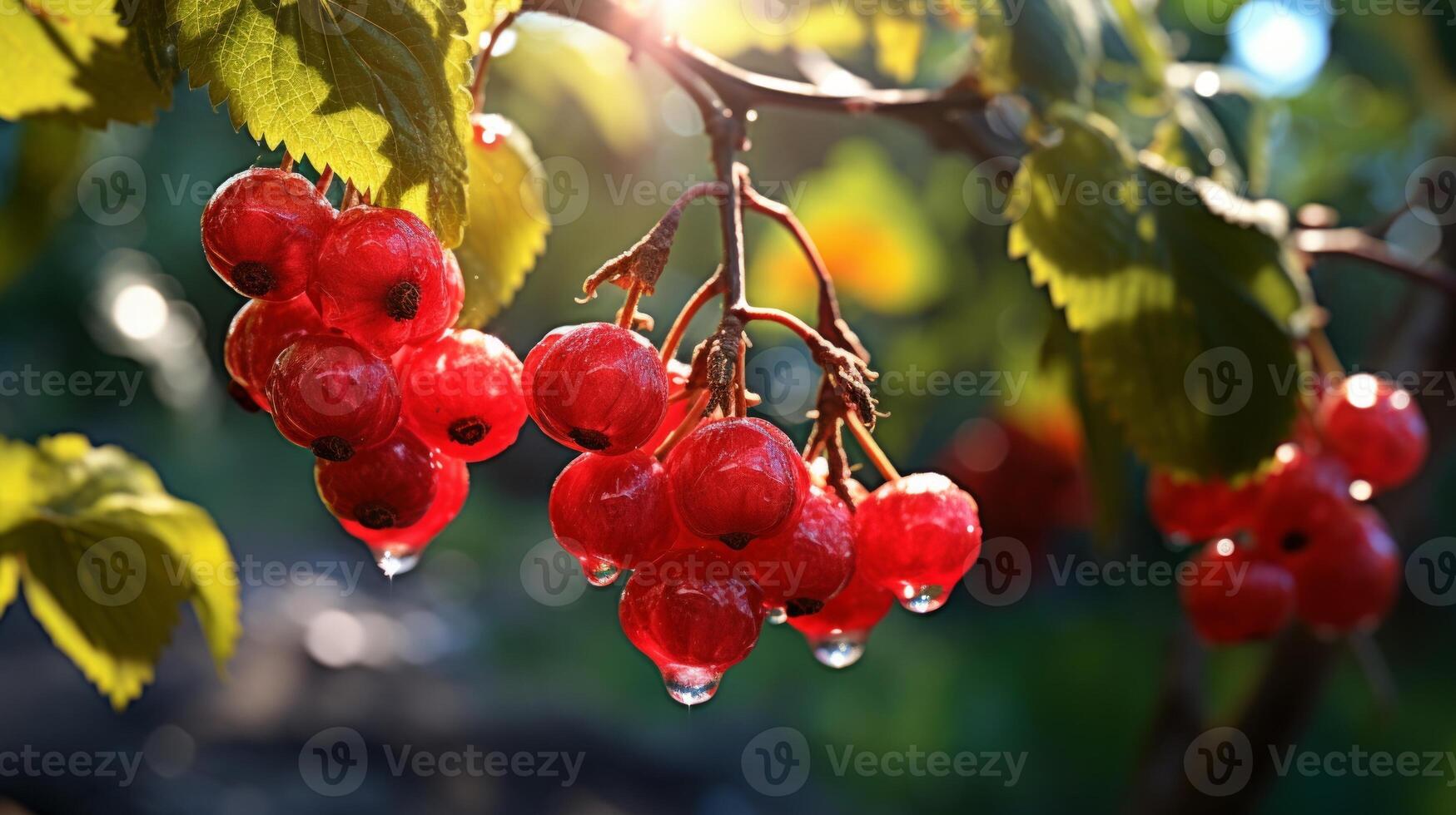 Red currant berries on a branch with water drops close-up photo
