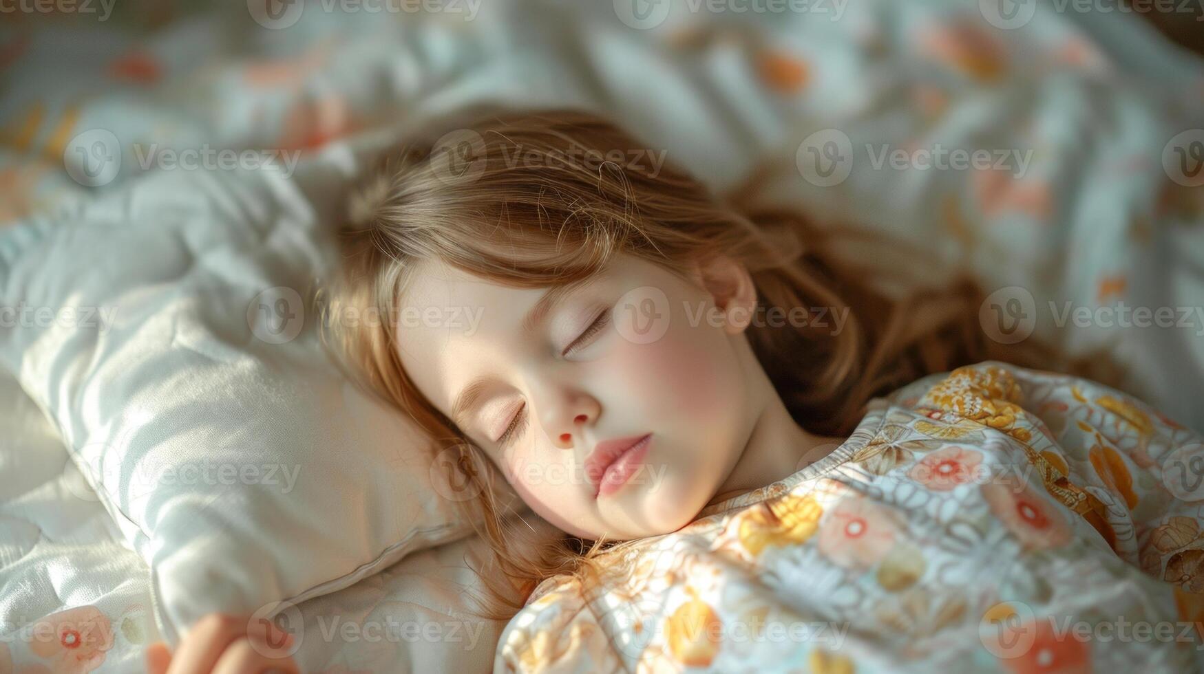 Cute little girl sleeping in bed at home. Child with closed eyes. photo