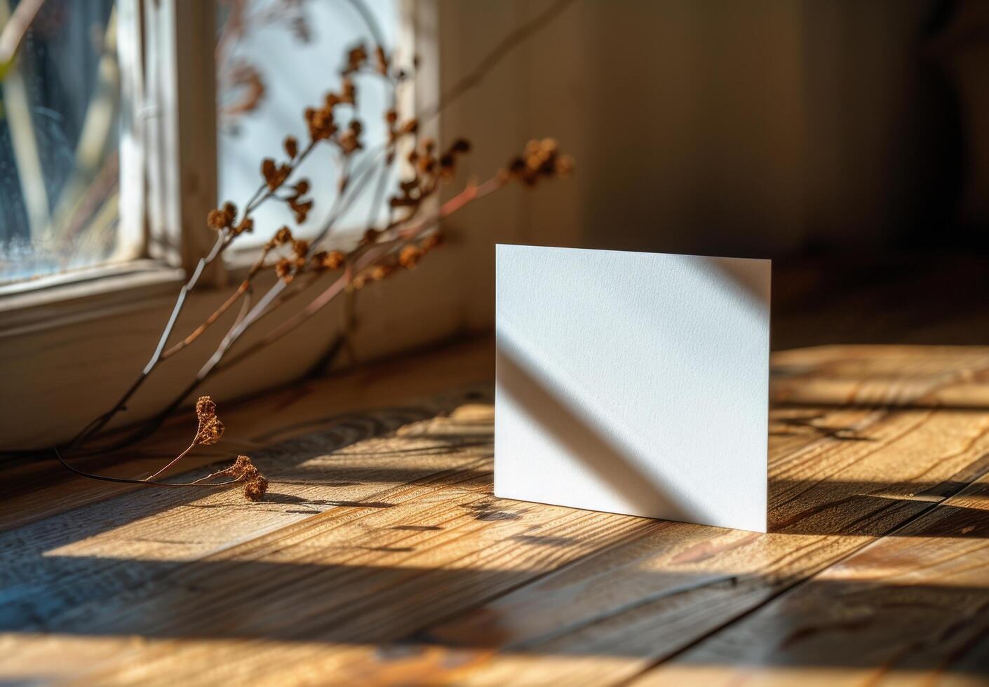 Blank White Paper Stack on Rustic Wooden Table in Sunlight photo