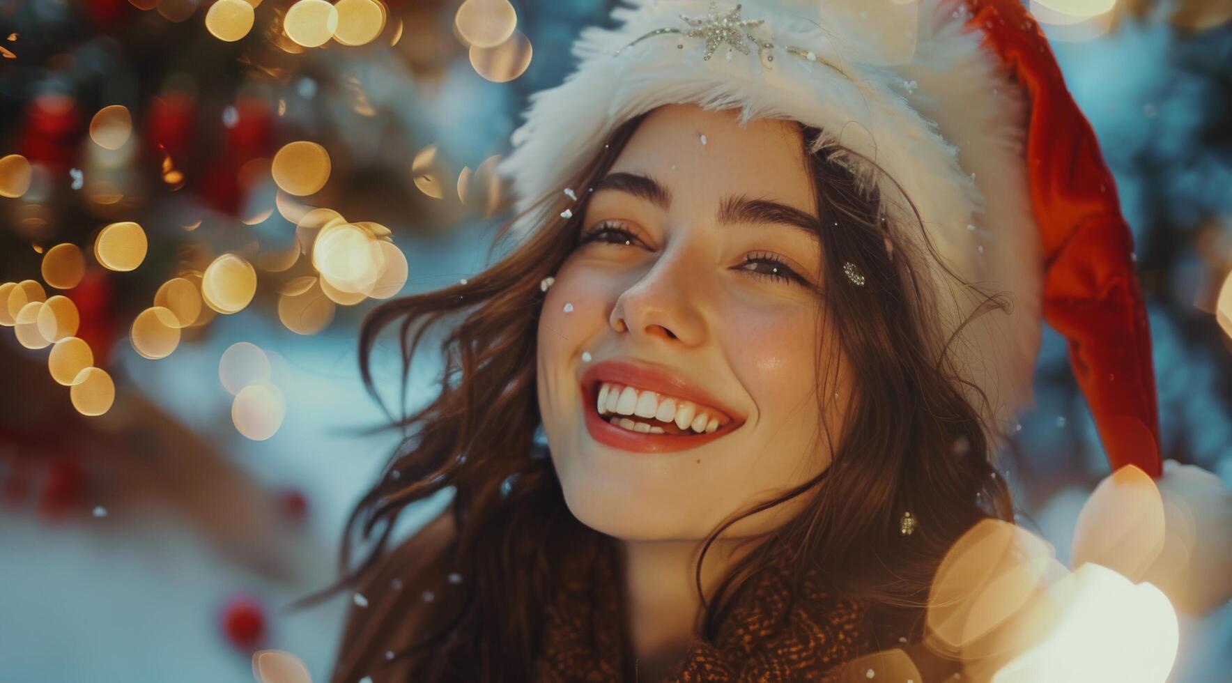 Woman In Santa Hat Smiling At Christmas Lights photo