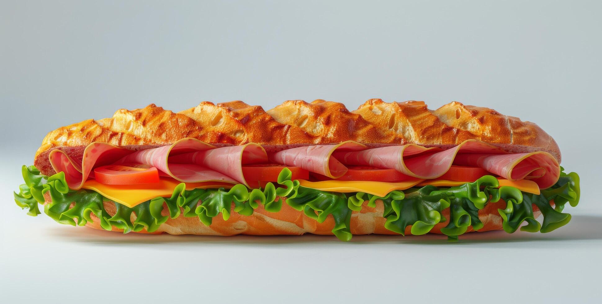 Freshly Made Ham, Tomato, and Cheese Sub Sandwich on White Background photo