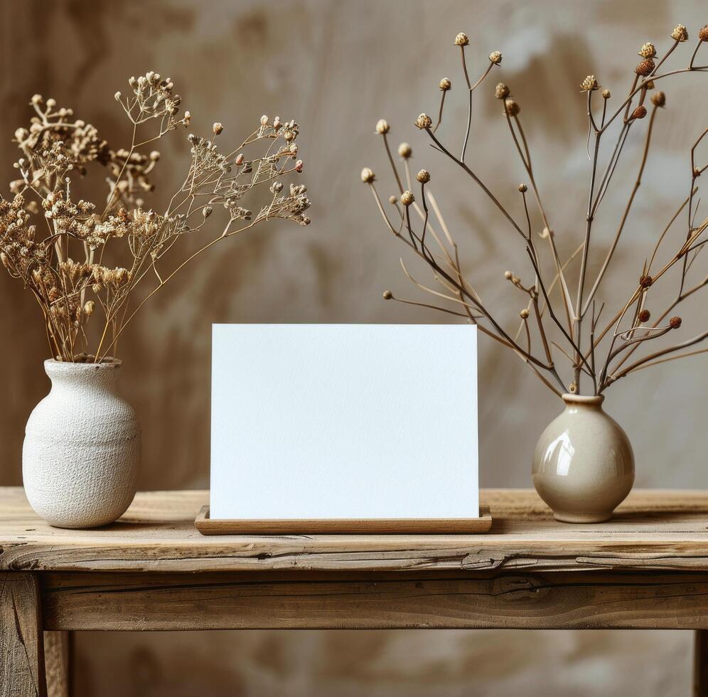 Blank White Card Mockup on Wooden Tray With Dried Flower Arrangement photo