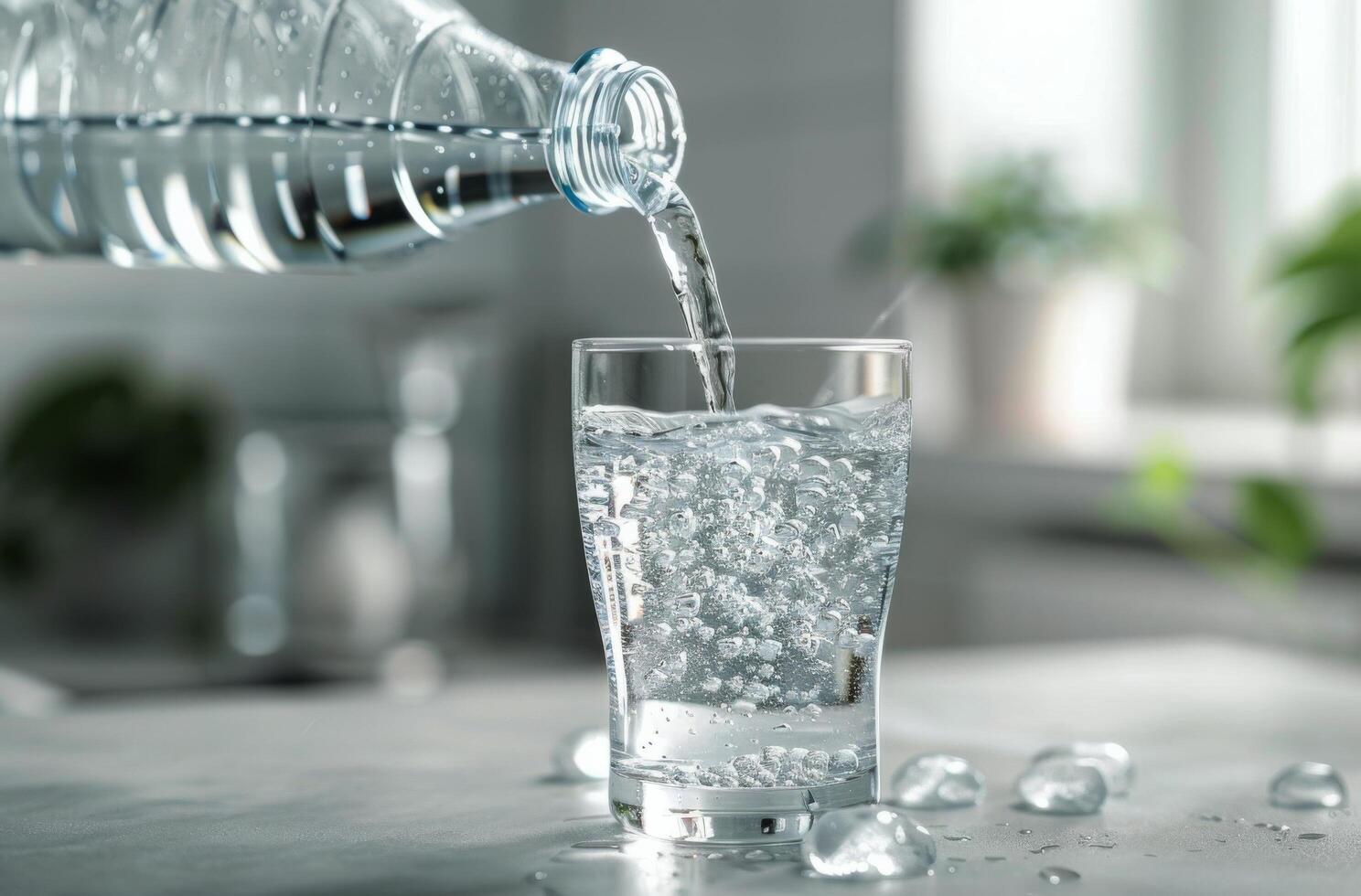 Pouring Sparkling Water Into Glass With Ice Cubes photo