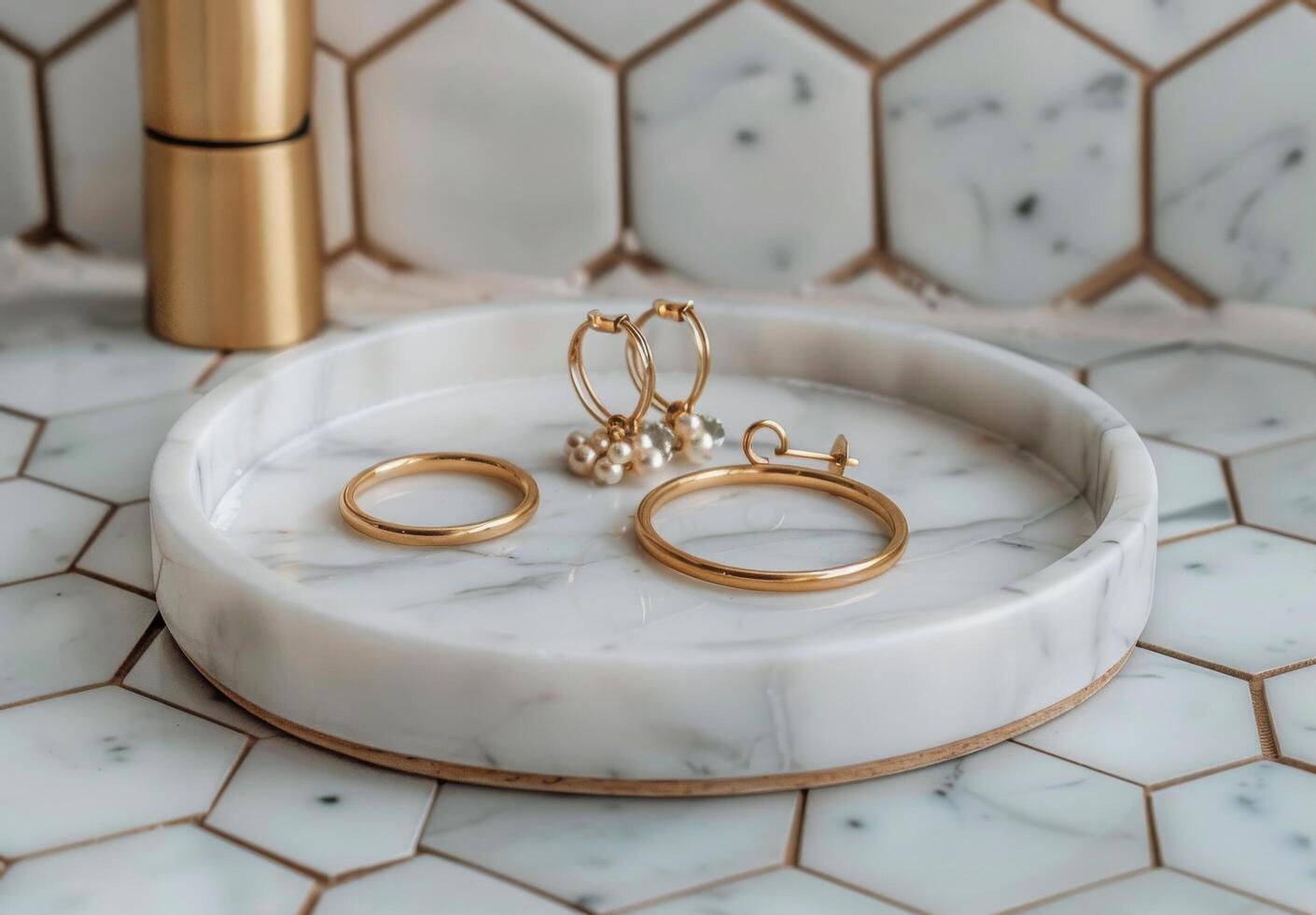 White Marble Tray With Gold Rings and Dried Eucalyptus Branch on Hexagonal Tiles photo