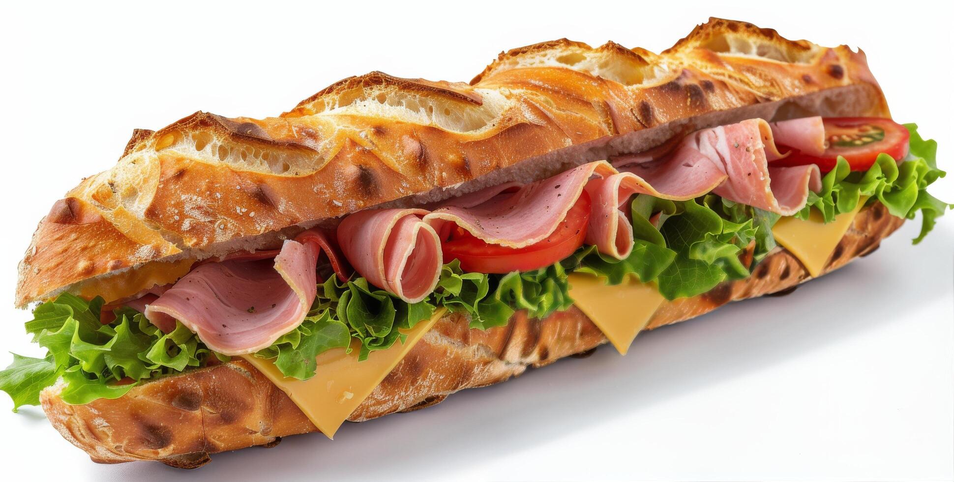 Freshly Made Ham and Cheese Sandwich on a Crusty Baguette photo