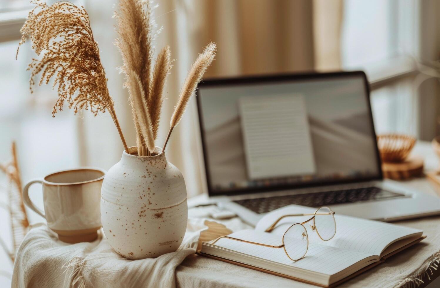 A Cozy Workspace With Dried Pampas Grass and an Open Notebook photo