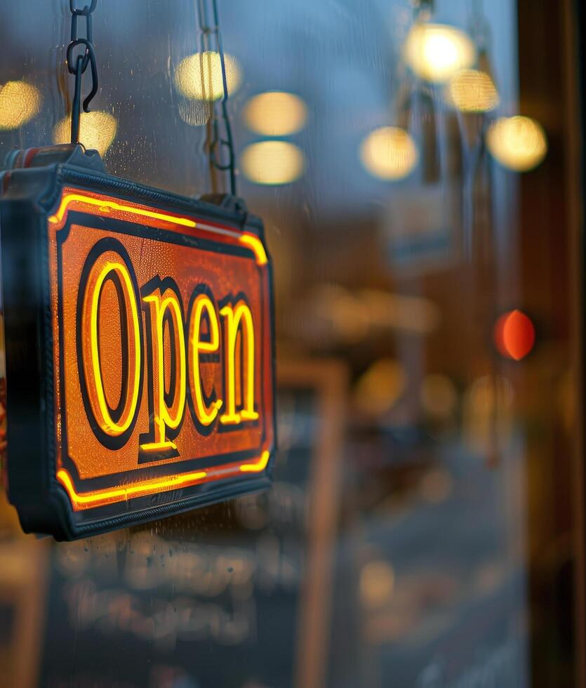 Rusty Open Sign Hanging in a Shop Window at Dusk photo
