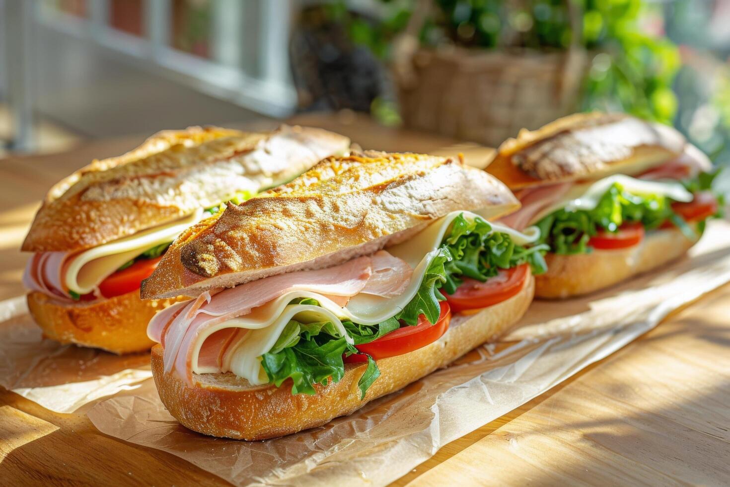 Three Ham And Cheese Baguettes On A Wooden Surface With Sunlight photo
