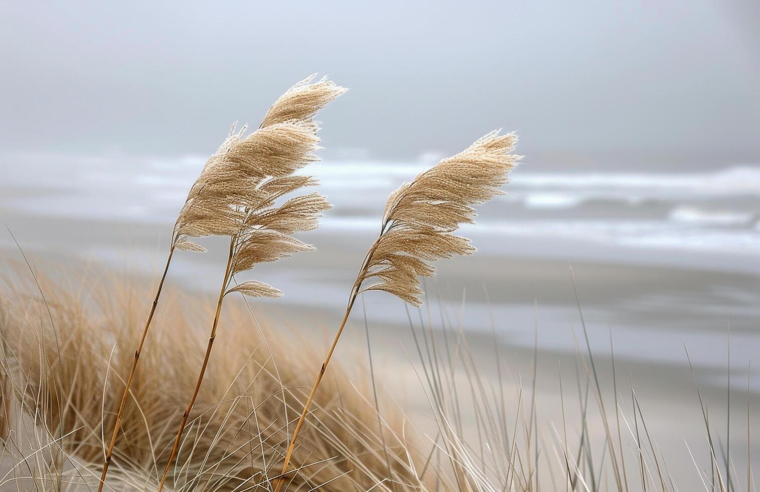 Tall Grass Blowing in the Wind on a Misty Beach photo
