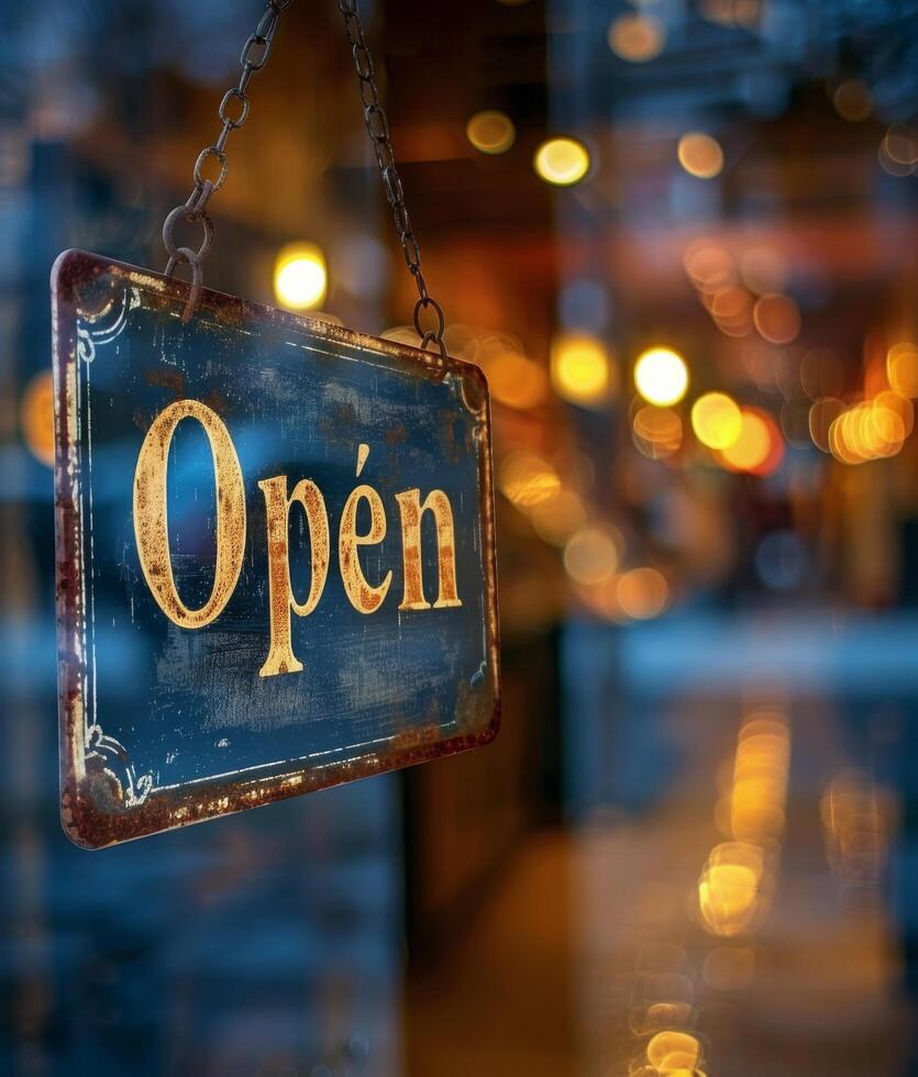 Rusty Open Sign Hanging in a Shop Window at Dusk photo