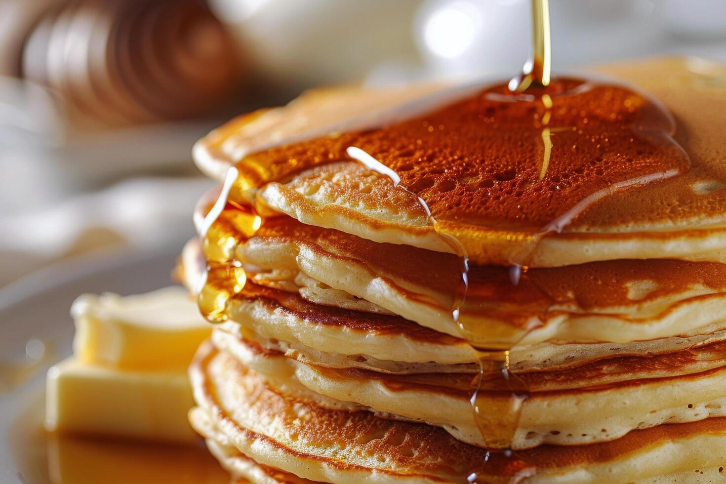 Stack of Pancakes Being Drizzled With Syrup on White Plate photo