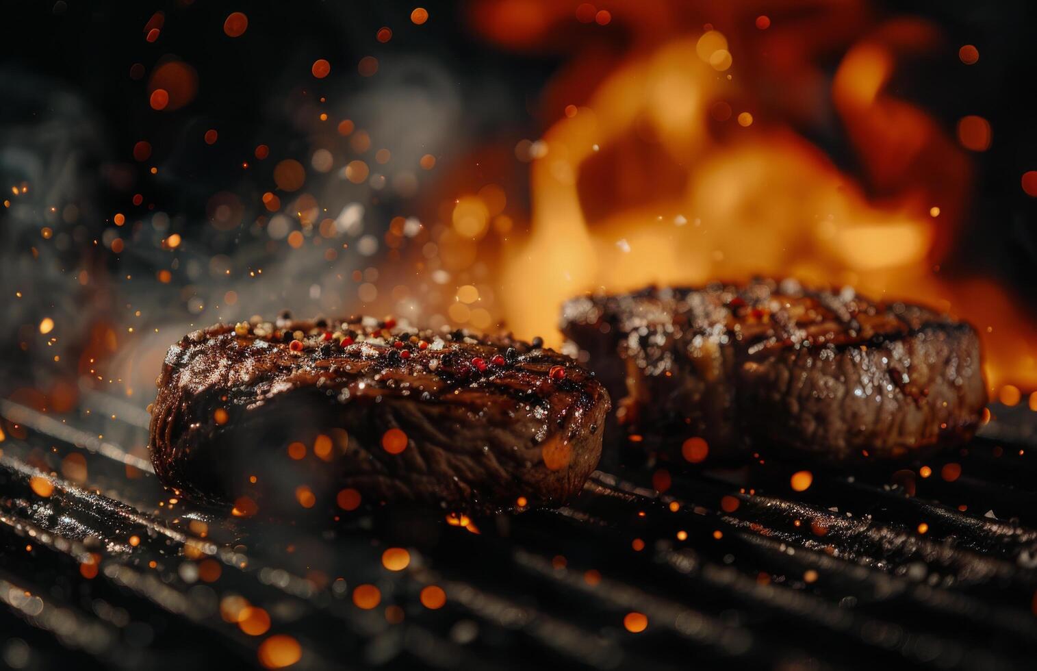 Close Up of Juicy Steaks Grilling With Rosemary and Fire photo