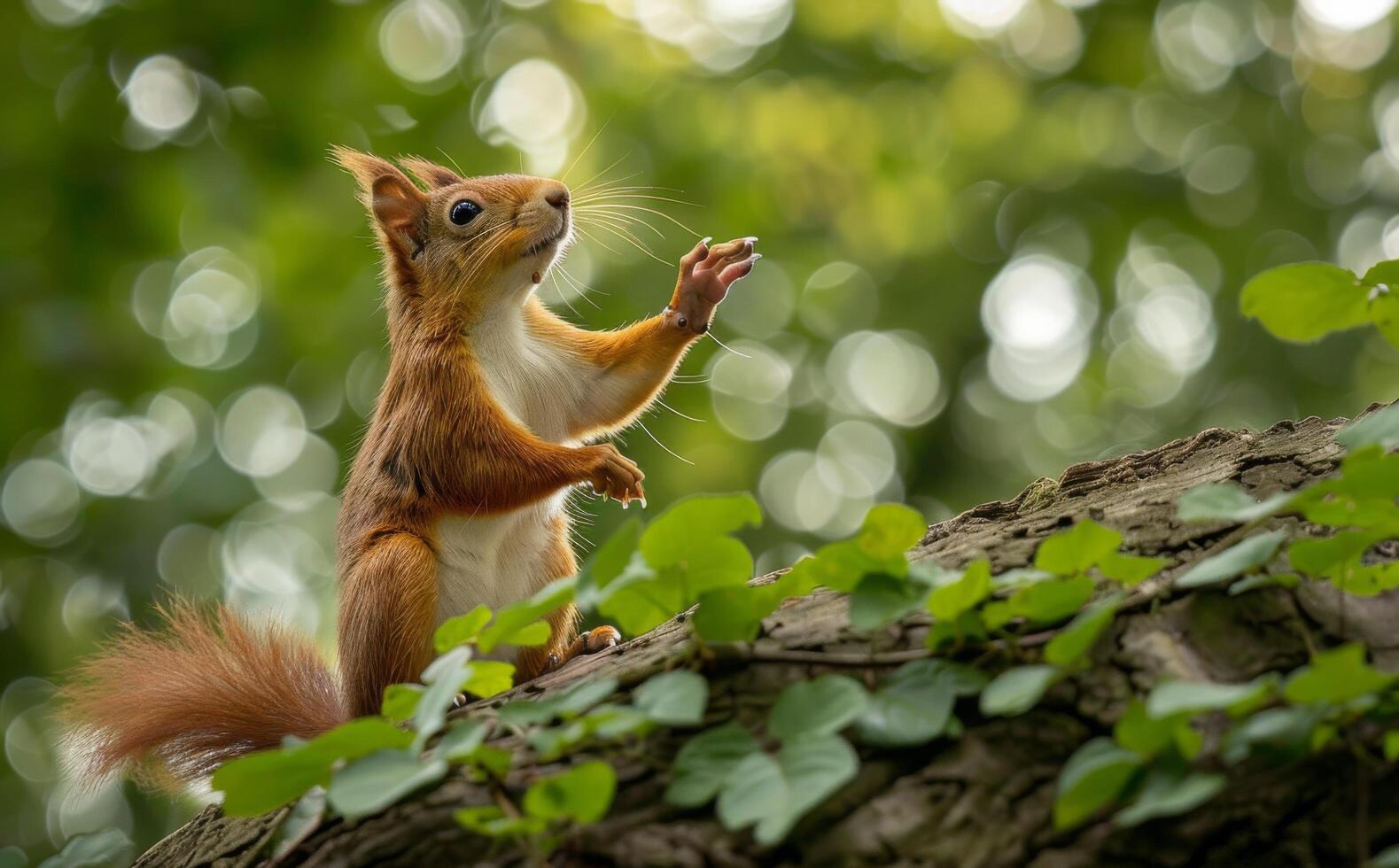 Red Squirrel Standing on a Tree Branch in a Forest photo
