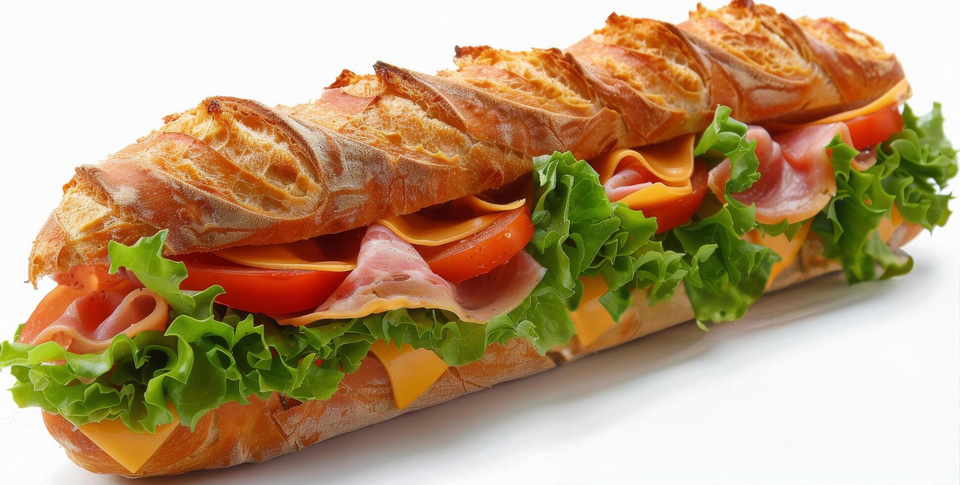 Freshly Made Ham and Cheese Sandwich on a Crusty Baguette photo