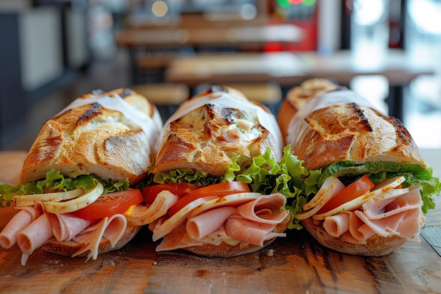 Three Ham And Cheese Baguettes On A Wooden Surface With Sunlight photo