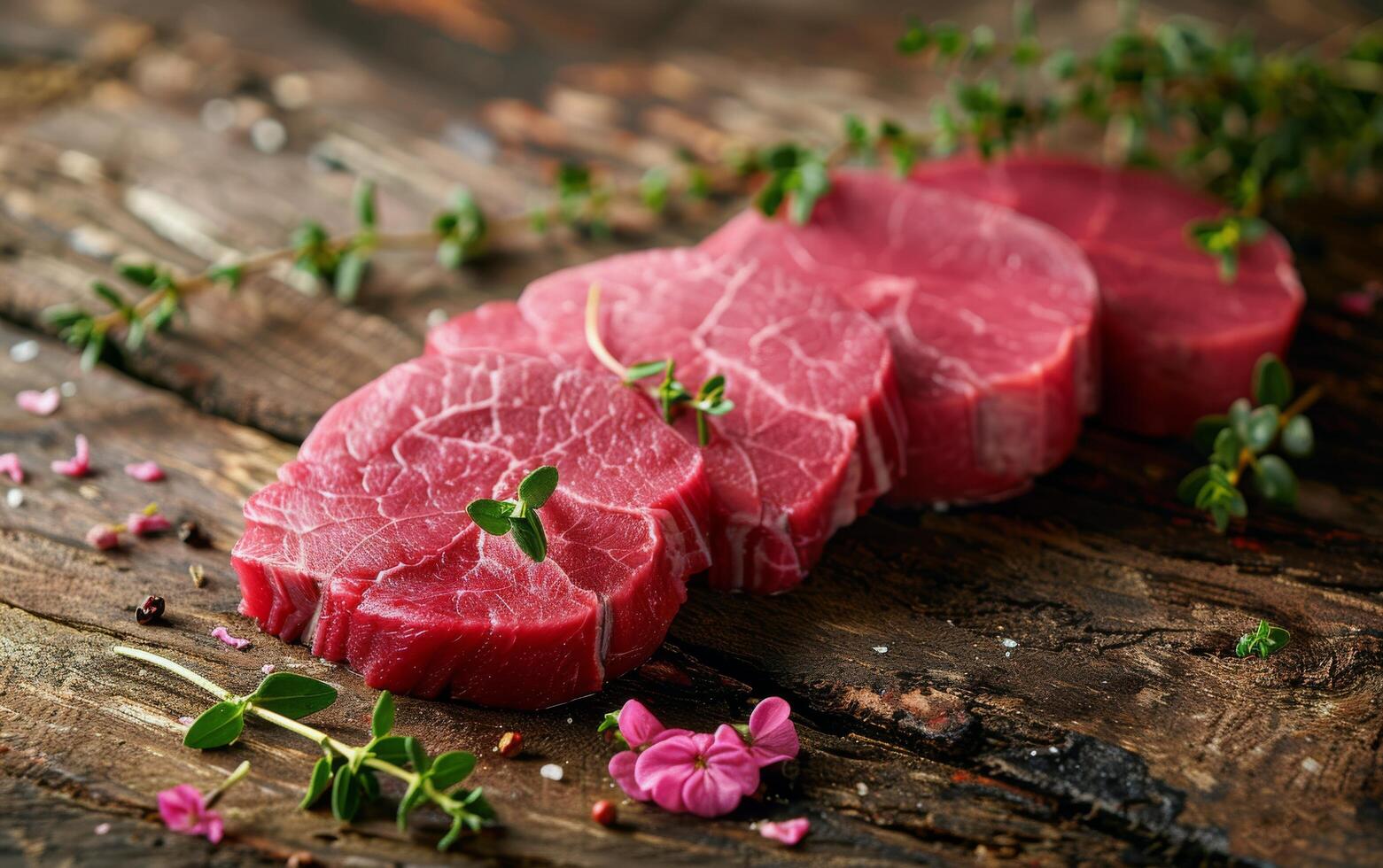 Raw Beef Steaks on Wooden Cutting Board With Thyme photo