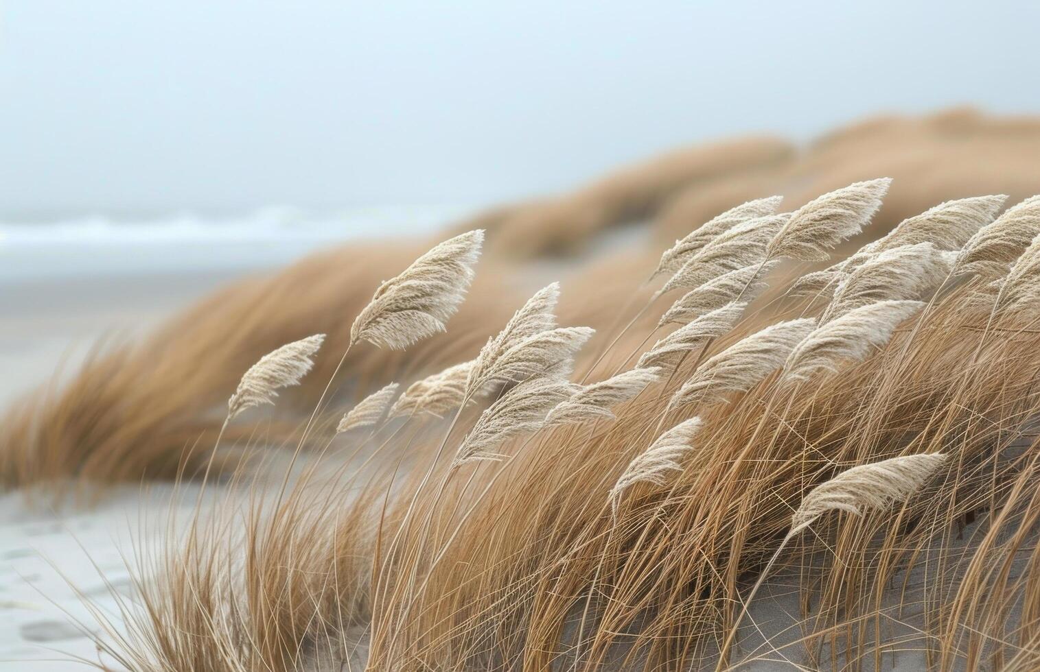 Tall Grass Blowing in the Wind on a Misty Beach photo