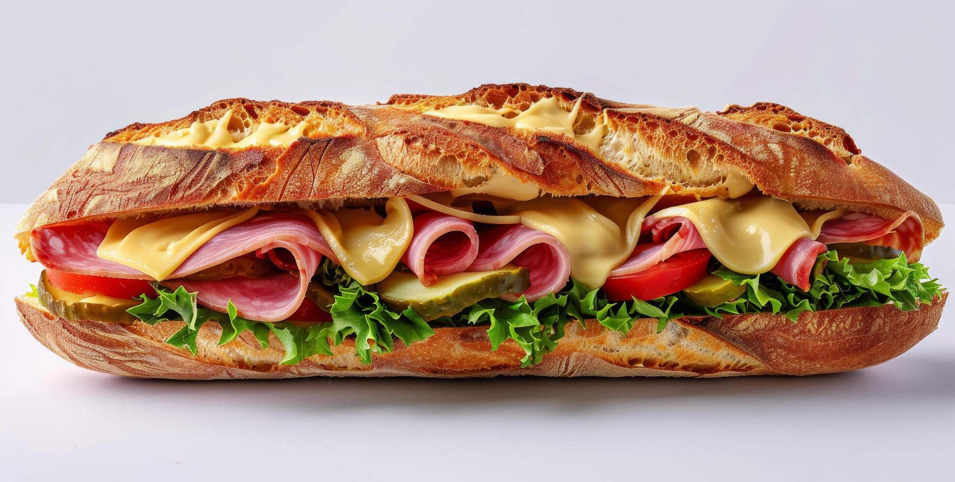 Close Up Of A Ham And Cheese Sandwich On A Crusty Bread Roll photo
