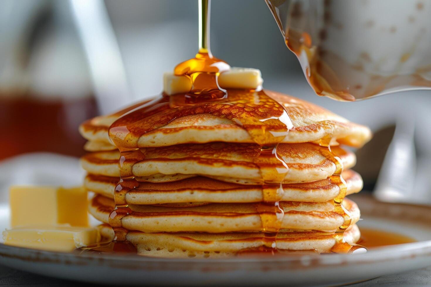 Stack of Pancakes Being Drizzled With Syrup on White Plate photo