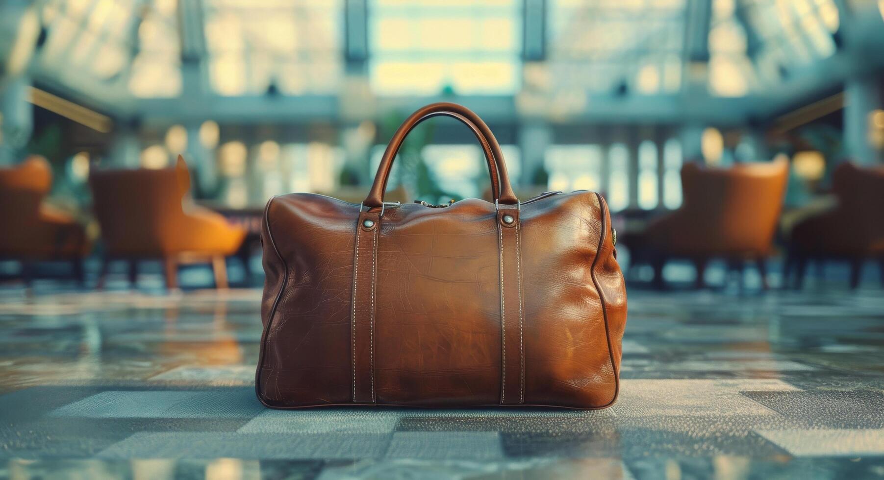 Brown Leather Travel Bag In Airport Lobby photo