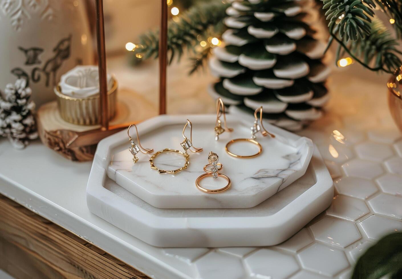 White Marble Tray With Gold Rings and Dried Eucalyptus Branch on Hexagonal Tiles photo