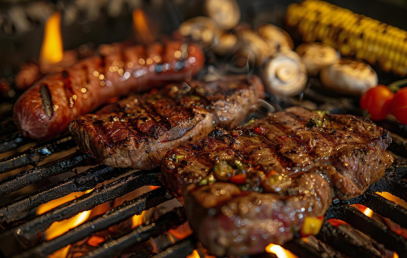 Grilled Steak and Sausage On A Hot Charcoal Grill photo