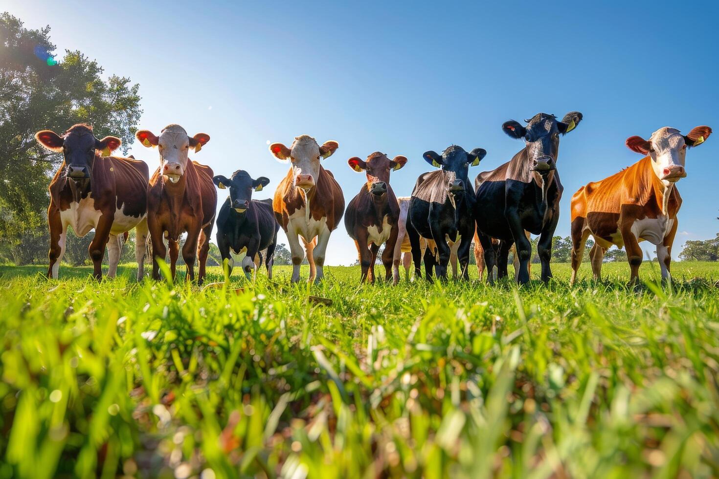 A Herd of Cows Grazing in a Lush Green Field on a Sunny Day photo