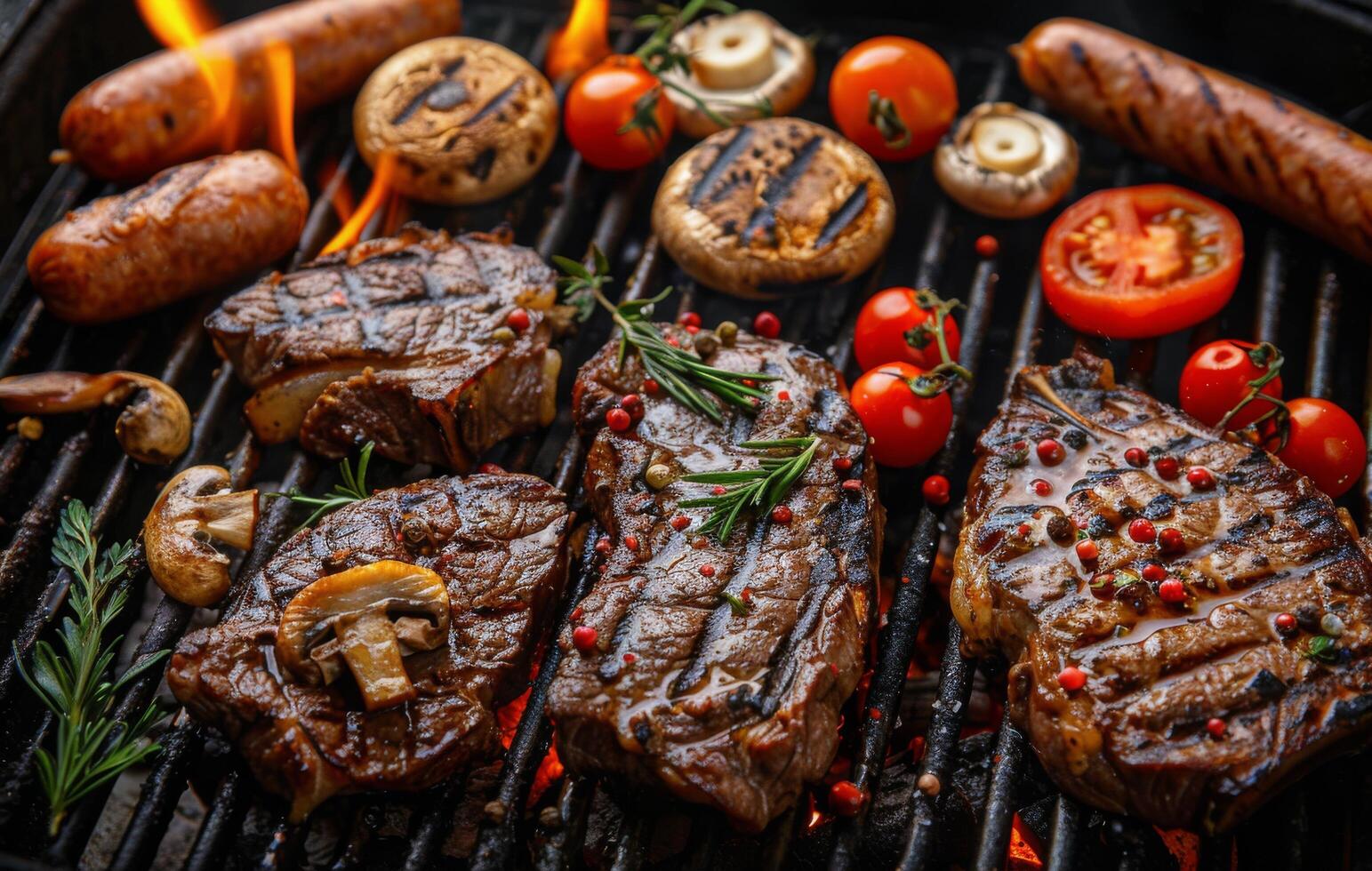 Grilled Steaks, Sausages, and Vegetables on a Charcoal Grill photo