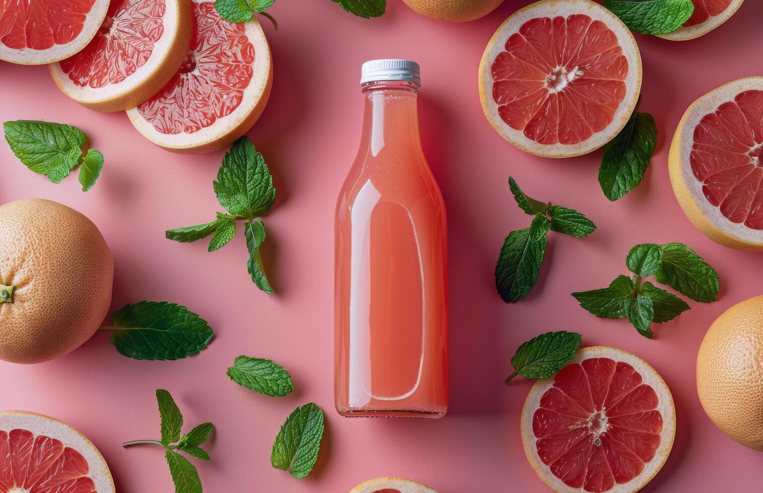 Fresh Grapefruit Juice Bottle With Halved Grapefruit and Mint Leaves on Pink Background photo