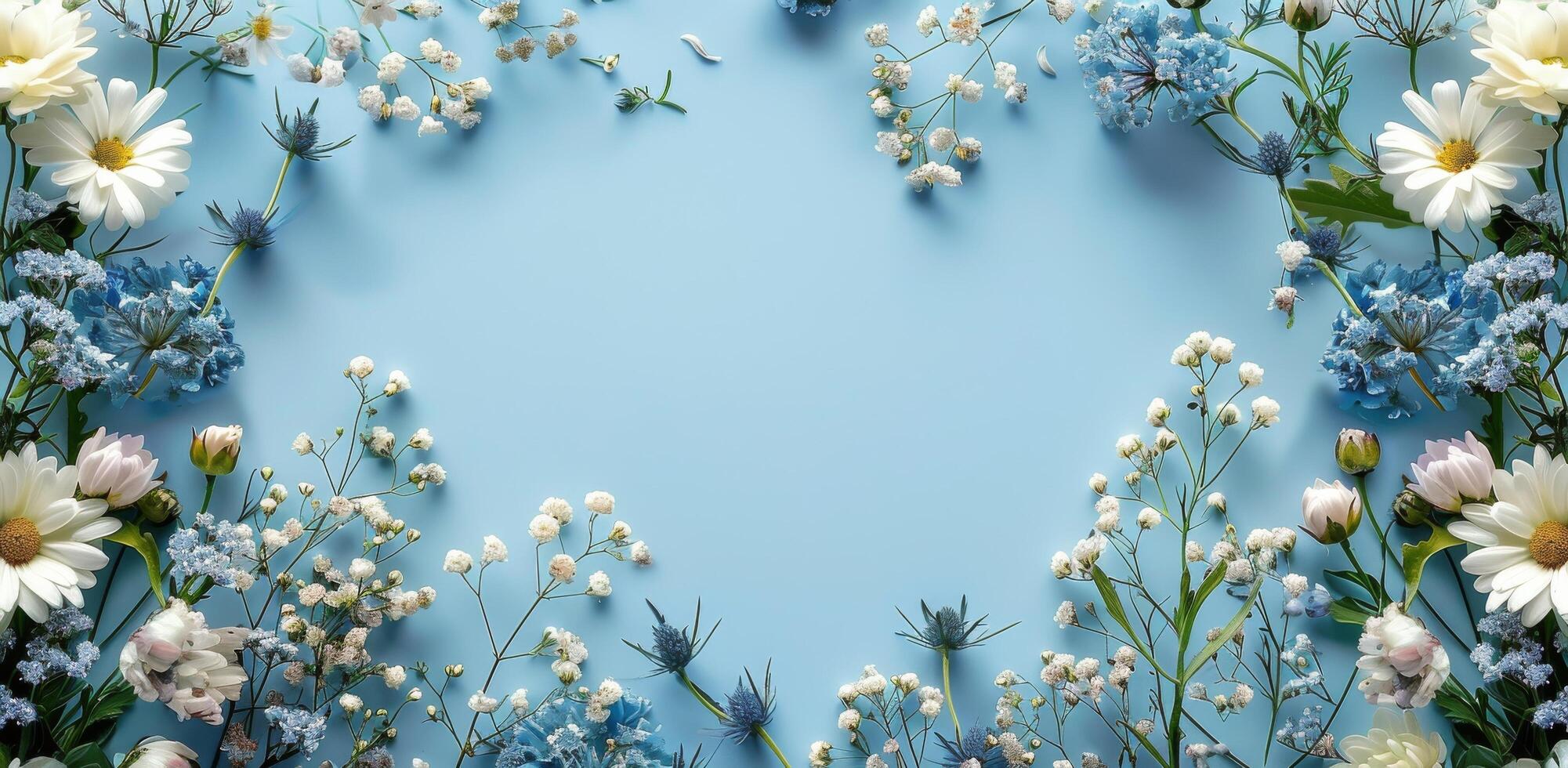 Blue and White Paper Flowers on a Light Blue Background photo