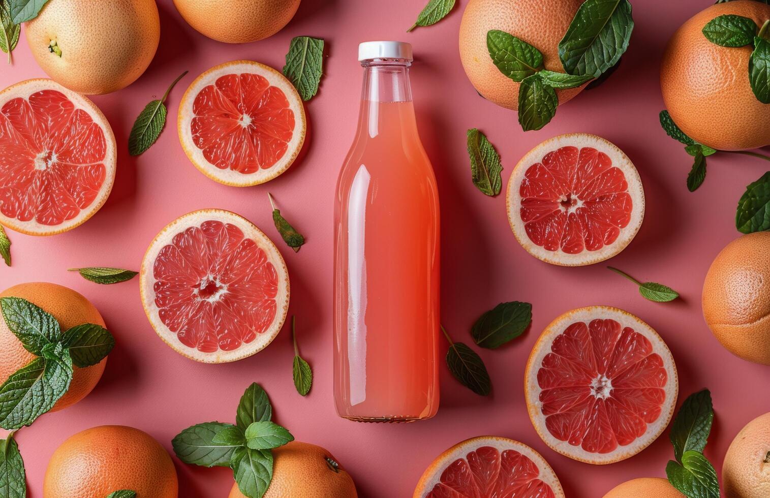 Fresh Grapefruit Juice Bottle With Halved Grapefruit and Mint Leaves on Pink Background photo