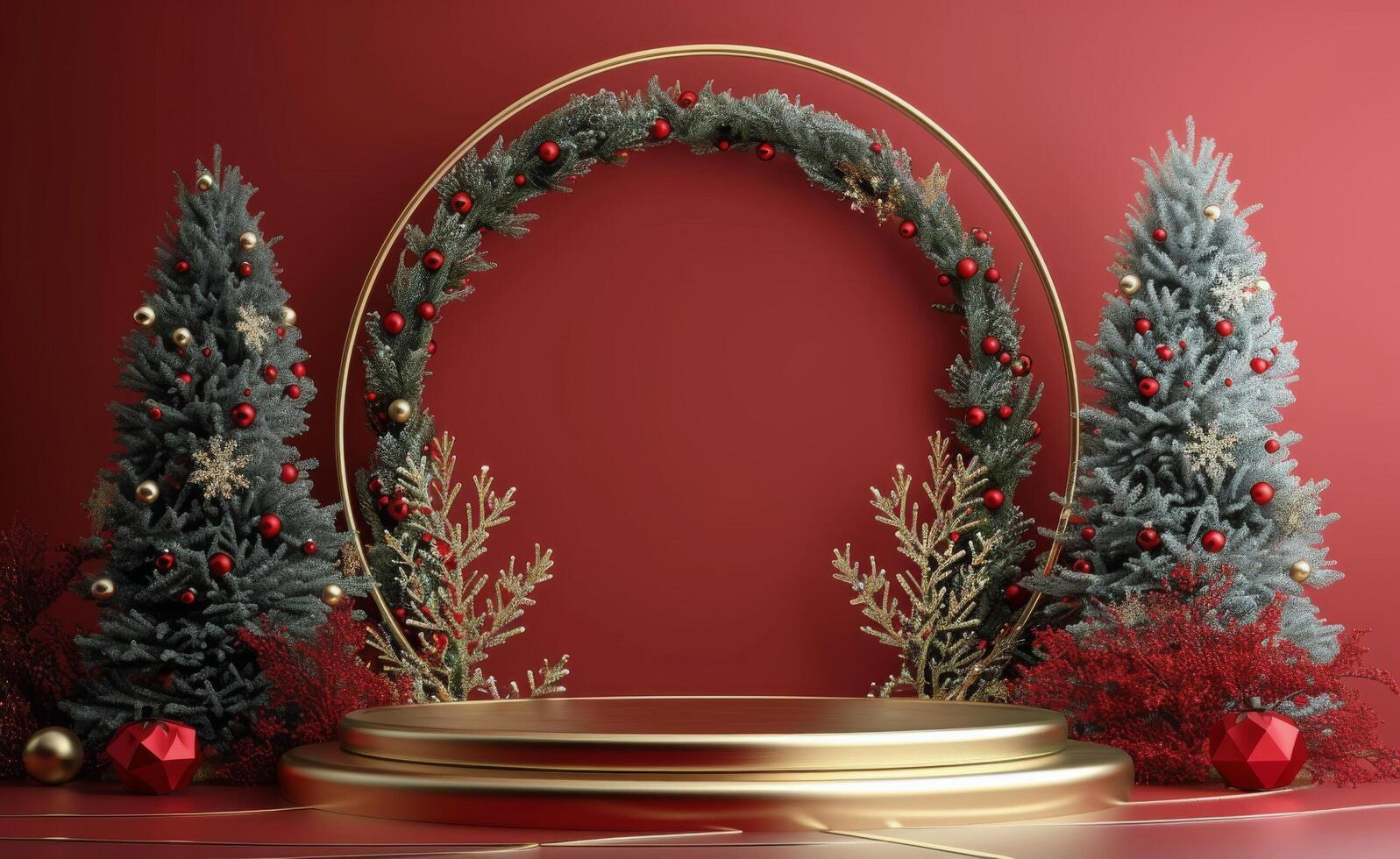 Festive Christmas Scene With Gold Podium and Decorated Trees photo