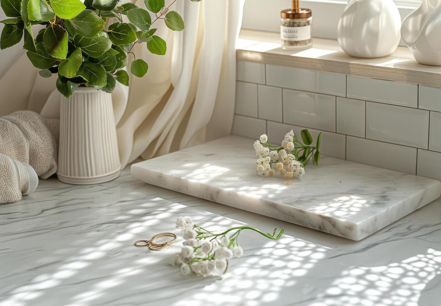 White Marble Tray With Gold Rings and Dried Eucalyptus Branch on Hexagonal Tiles photo