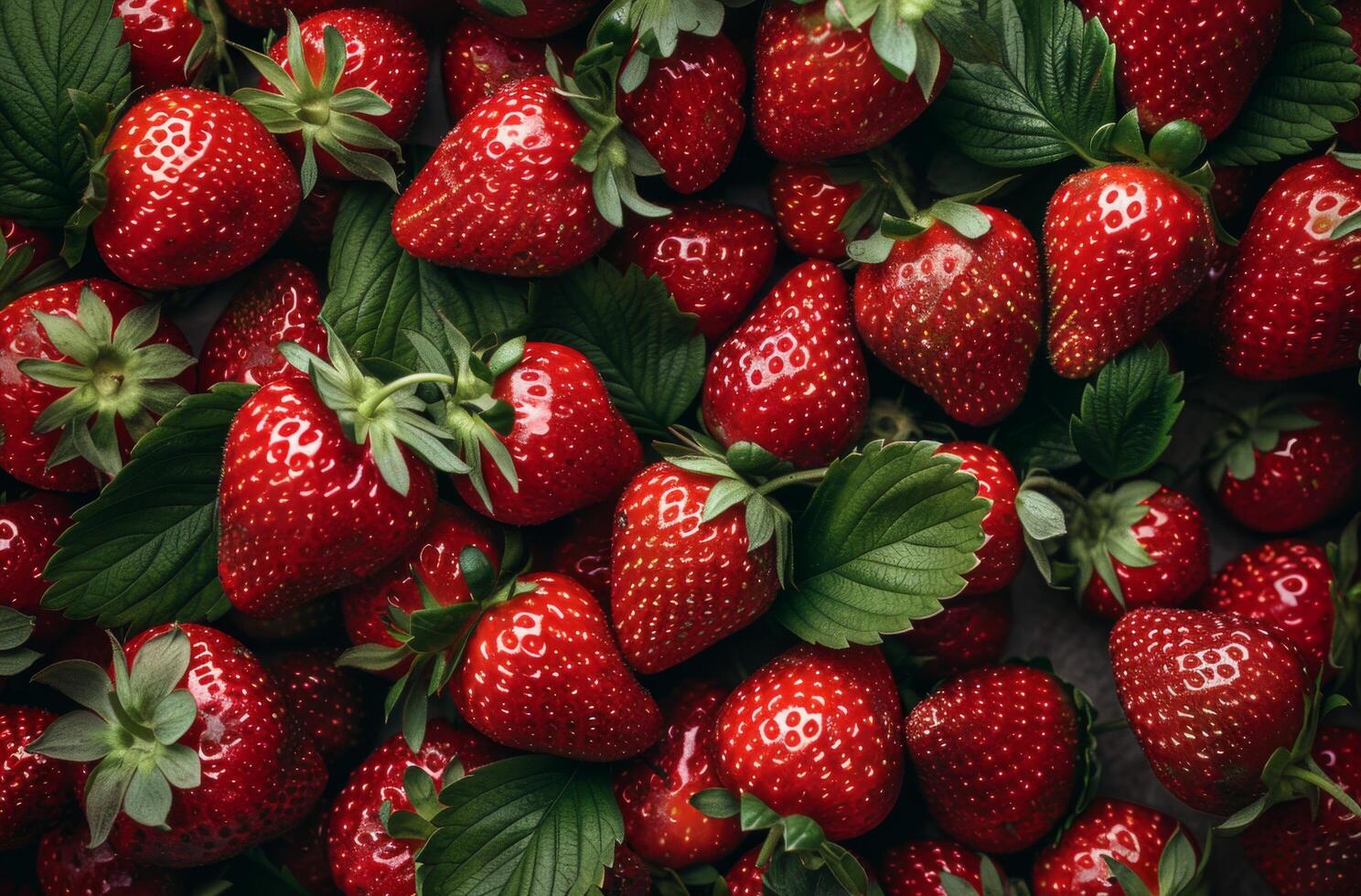 Freshly Picked Red Strawberries With Green Leaves photo