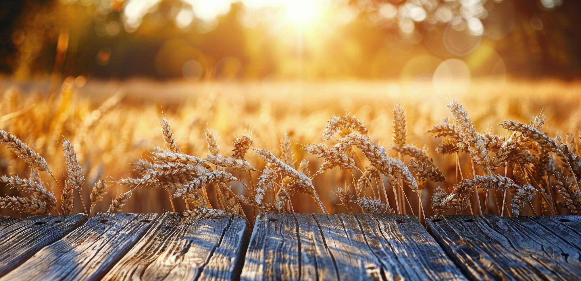 Golden Wheat Field at Sunset With Wooden Plank photo