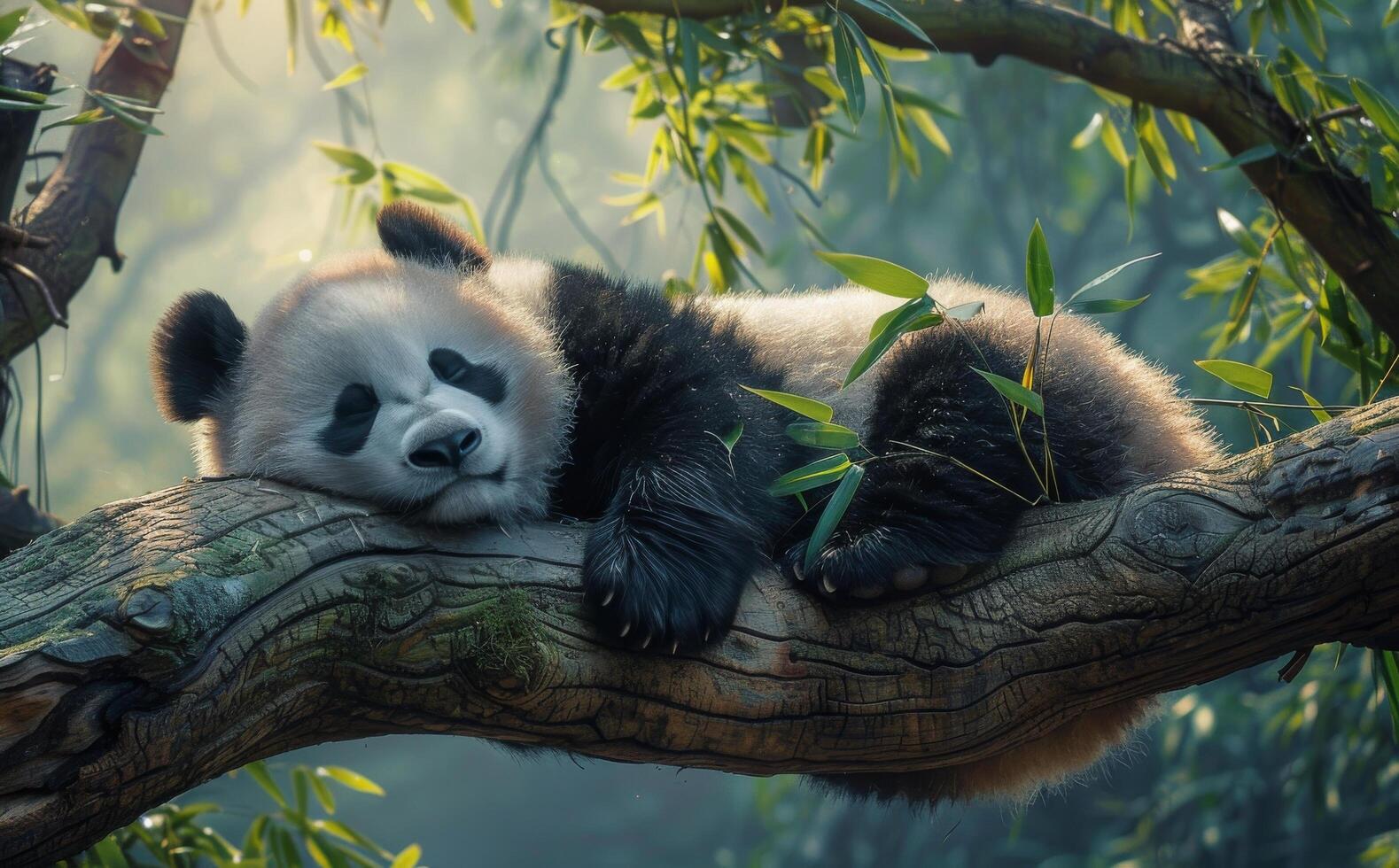 Giant Panda Resting on a Tree Branch in a Lush Forest photo