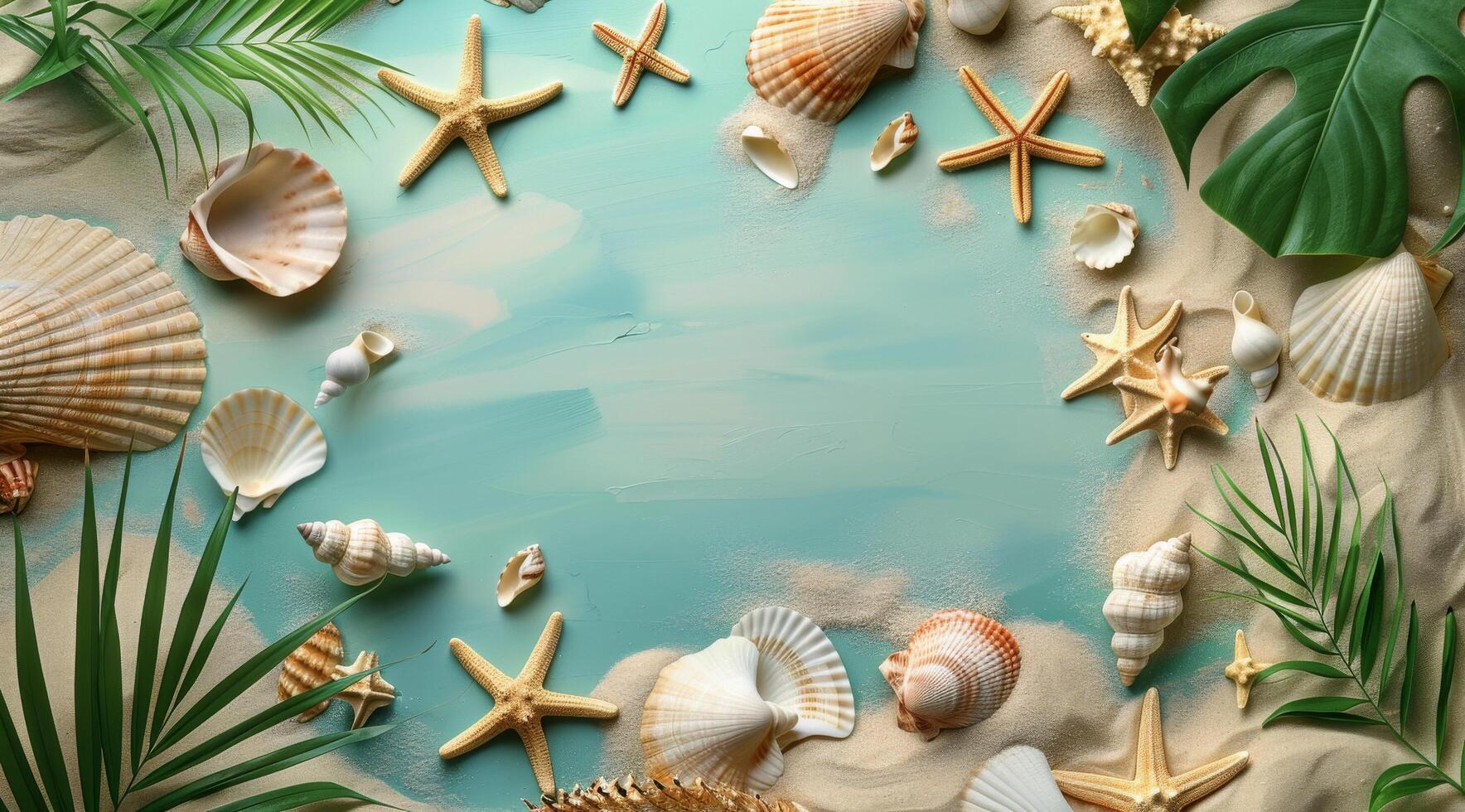 Seashells and Starfish on Blue Background With Palm Fronds and Sand photo