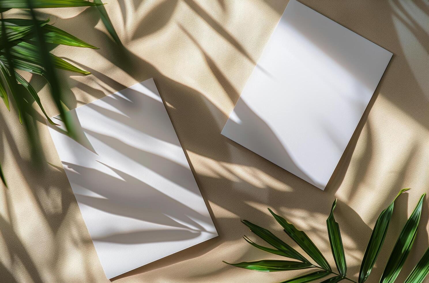 White Paper Mockup With Palm Leaf Shadows on Beige Fabric photo