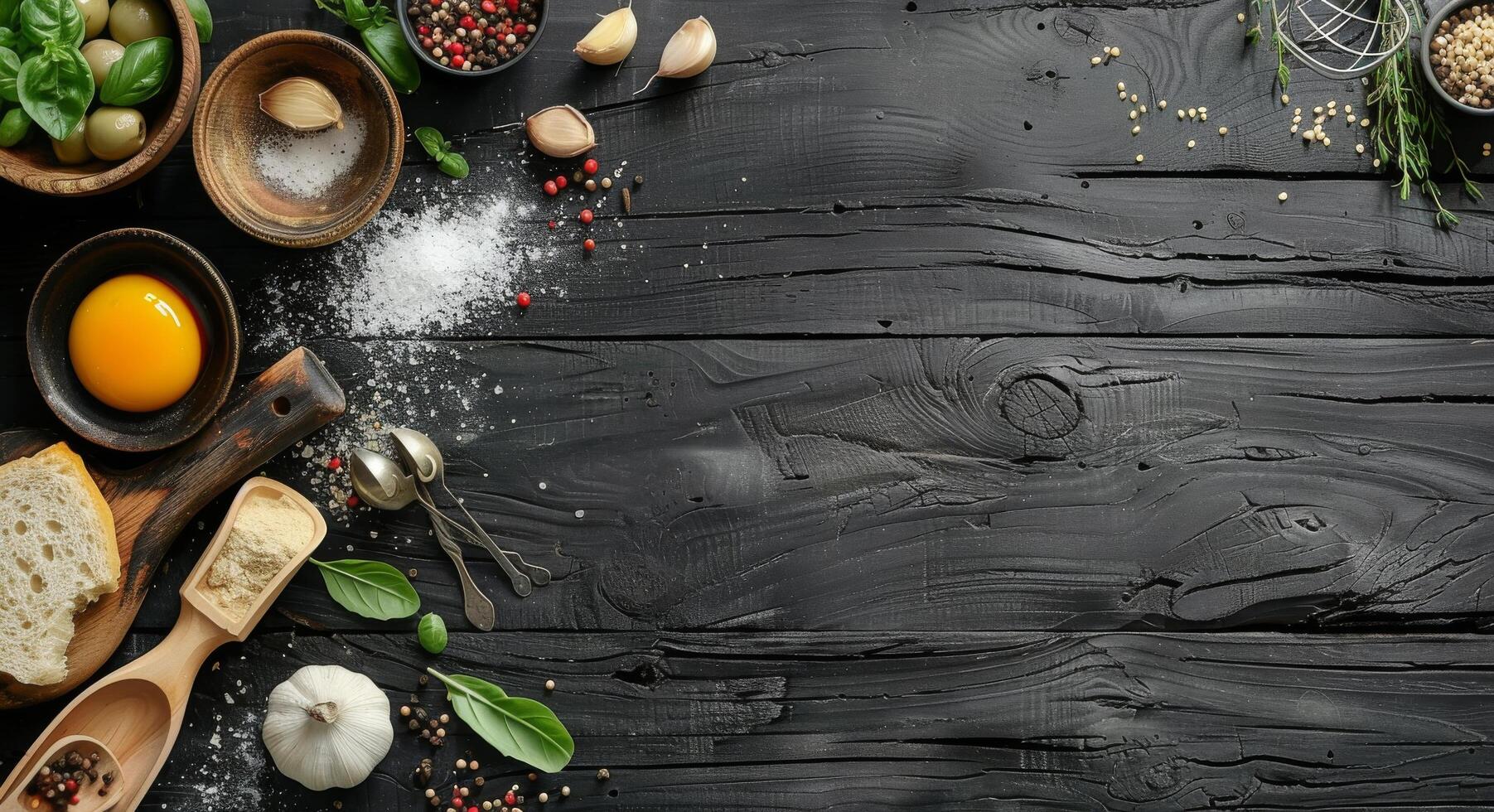 Rustic Wooden Tabletop With Kitchen Utensils, Spices, and Herbs photo