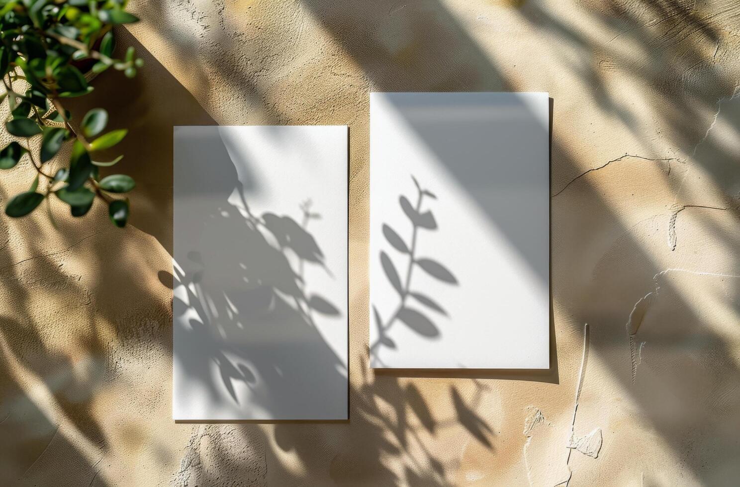 White Paper Mockup With Palm Leaf Shadows on Beige Fabric photo