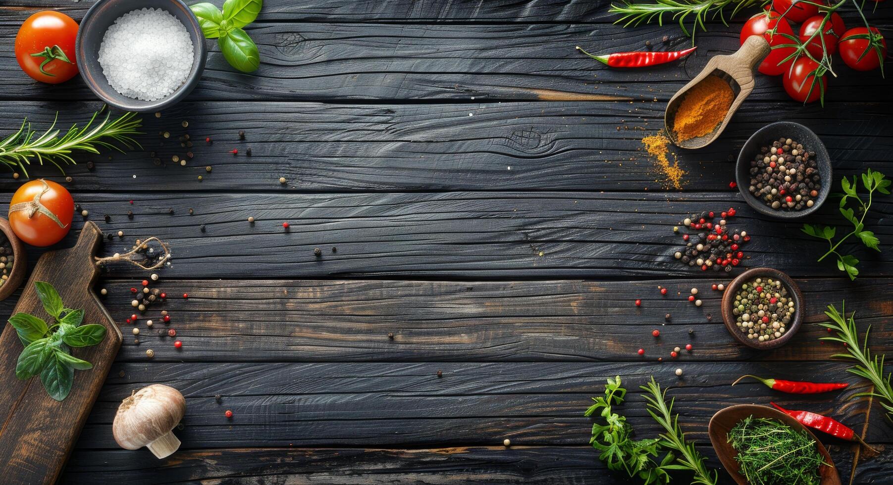 Rustic Wooden Tabletop With Kitchen Utensils, Spices, and Herbs photo
