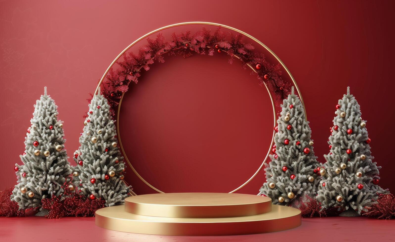 Festive Christmas Scene With Gold Podium and Decorated Trees photo