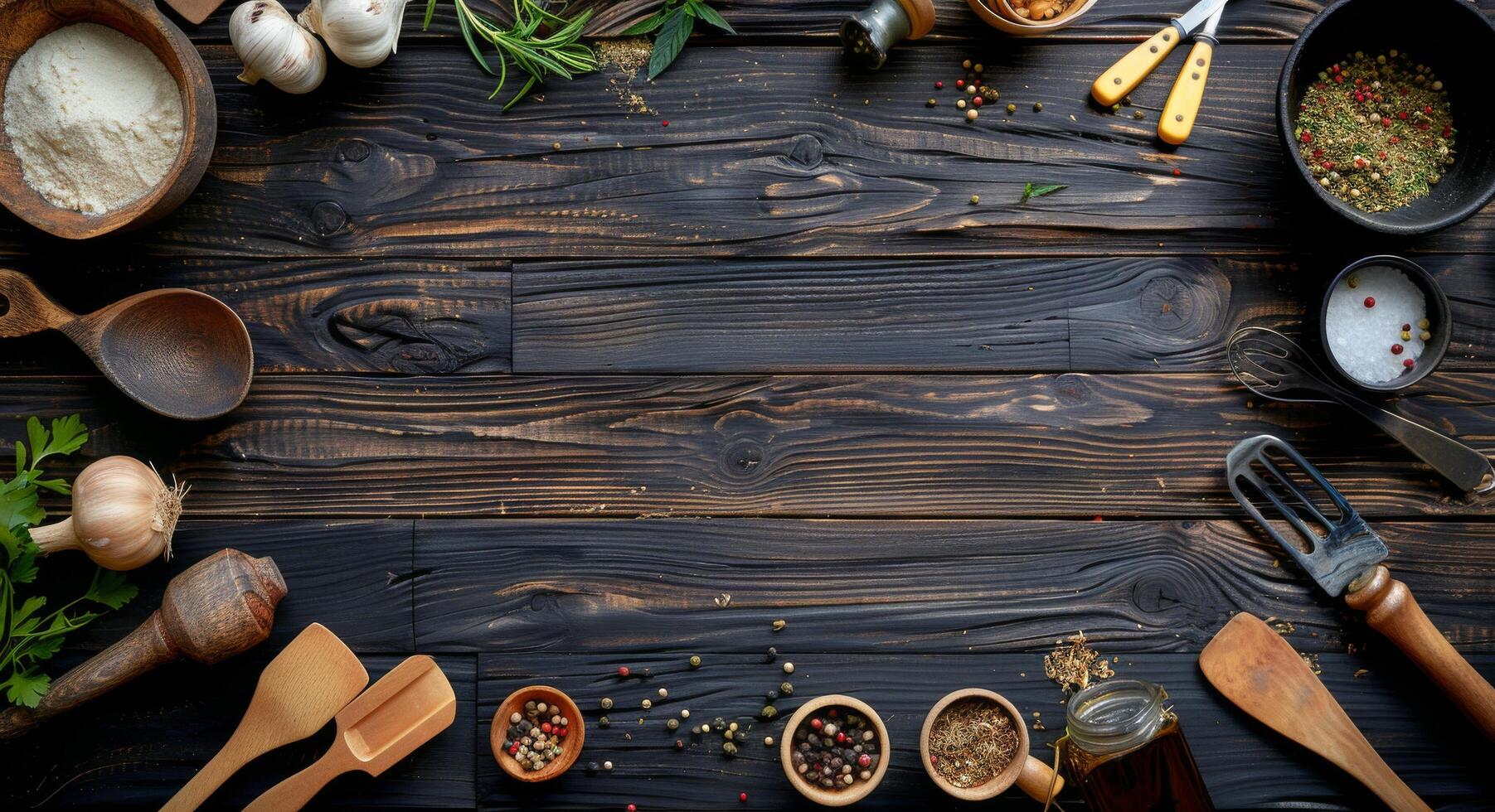Rustic Wooden Tabletop With Kitchen Utensils, Spices, and Herbs photo