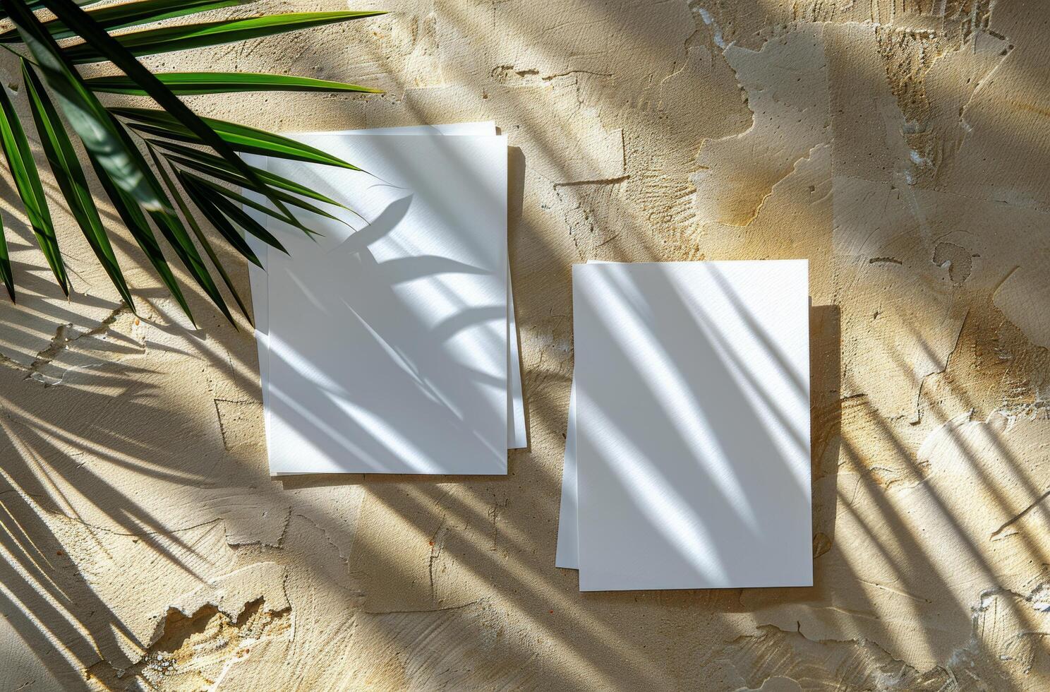 White Paper Mockup With Palm Leaf Shadows on Beige Fabric photo