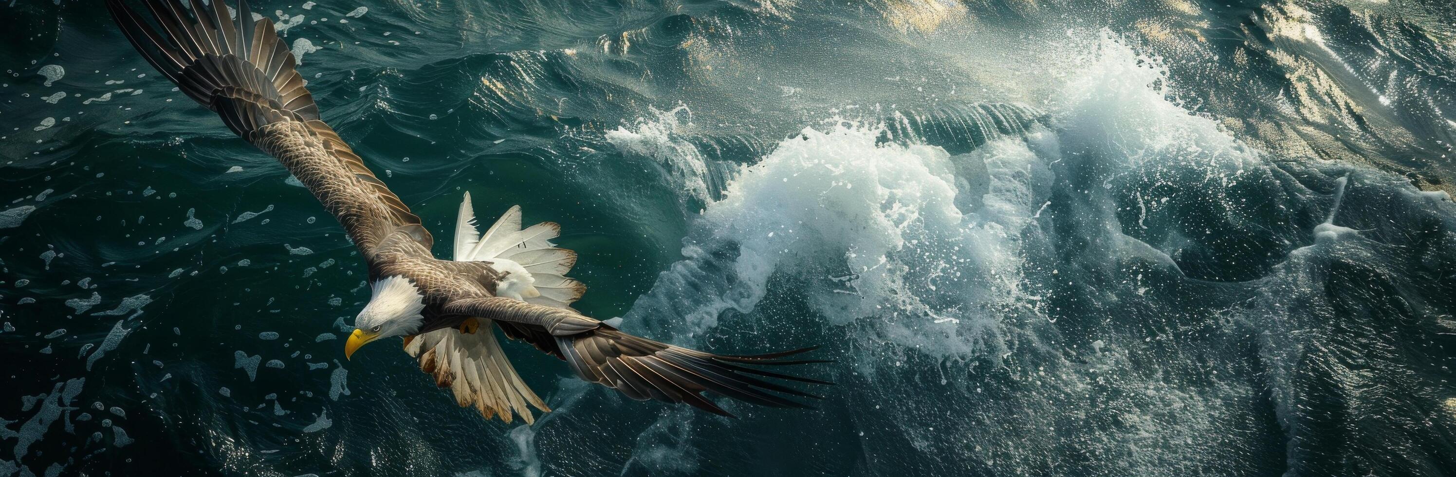 Bald Eagle Soaring Over Ocean Waves On Sunny Day photo
