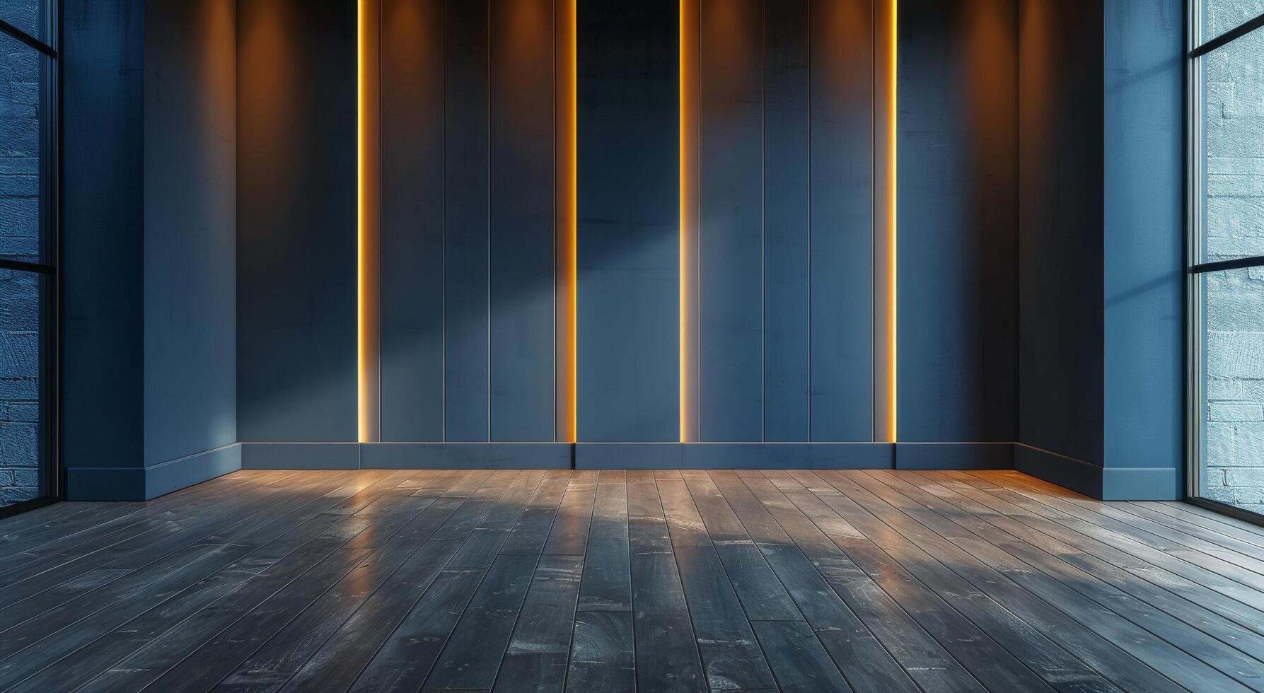 Empty Room With Blue Walls and Wood Floor Under Light photo