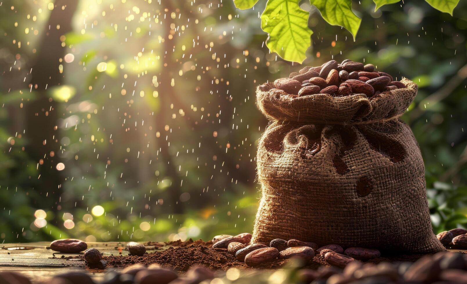 A Burlap Bag Filled With Cocoa Beans In A Lush Rainforest Setting photo