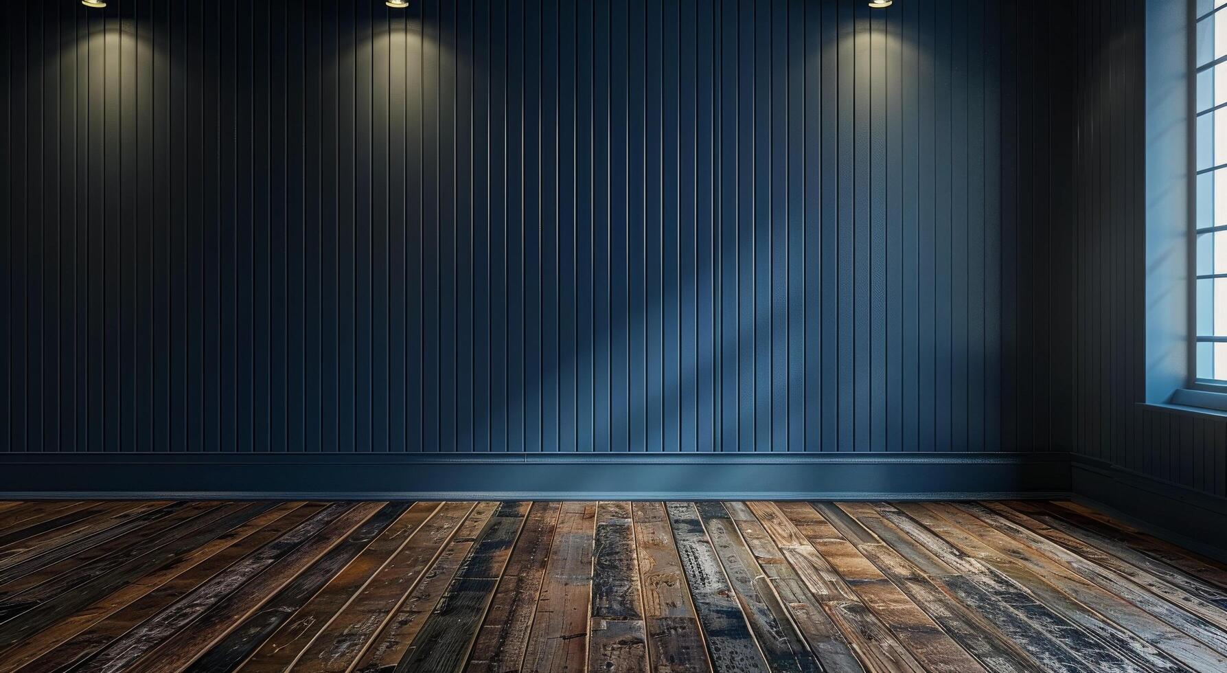 Empty Room With Blue Walls and Wood Floor Under Light photo