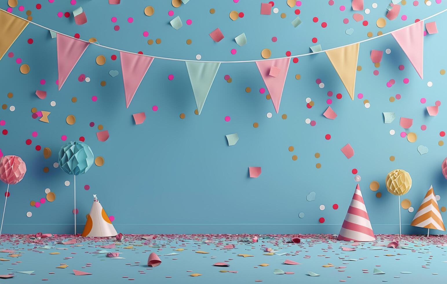 Colorful Confetti and Party Flags Falling on Blue Wall photo